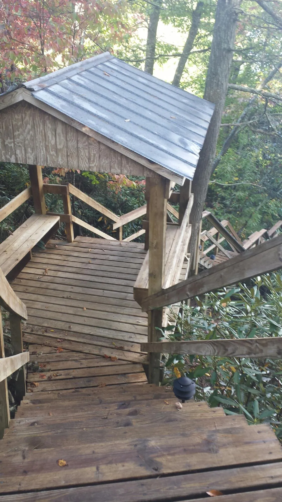 Metal roofed shelter over wooden steps on a wooded walkway — Skylight Repair & Installation work by our crew in Orrville